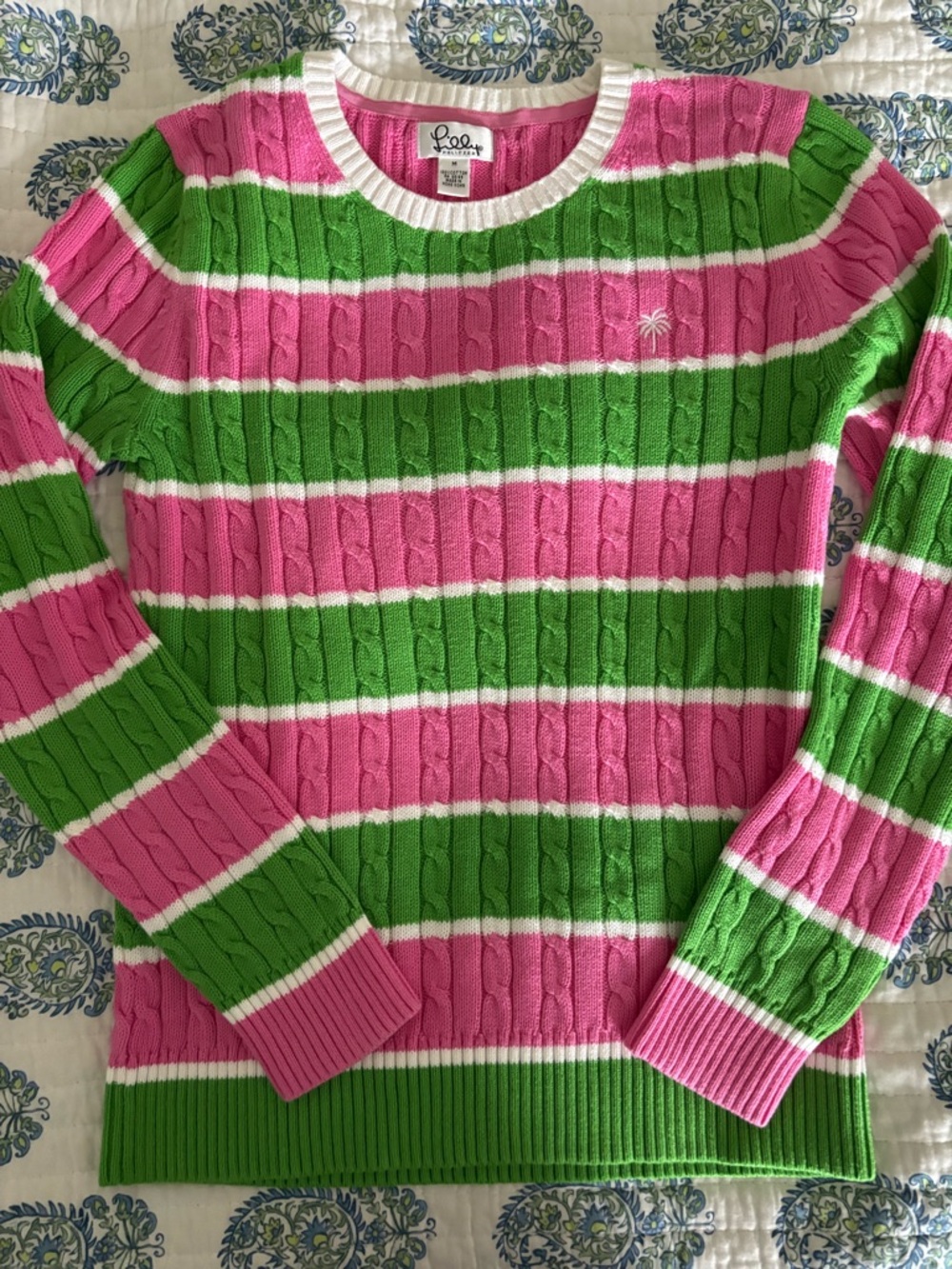 Lilly Pulitzer Pink, Green & White Striped Cable Knit Sweater
